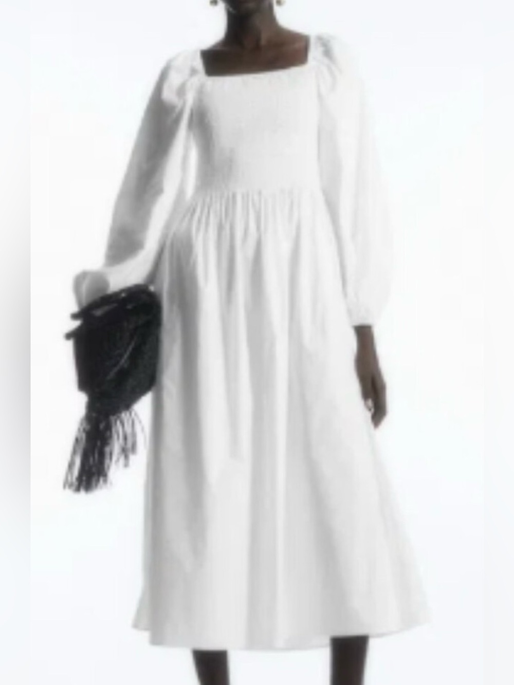 COS White Smocked Bodice Long Sleeve Midi Dress OFF SHOULDER Sz 10 NWT